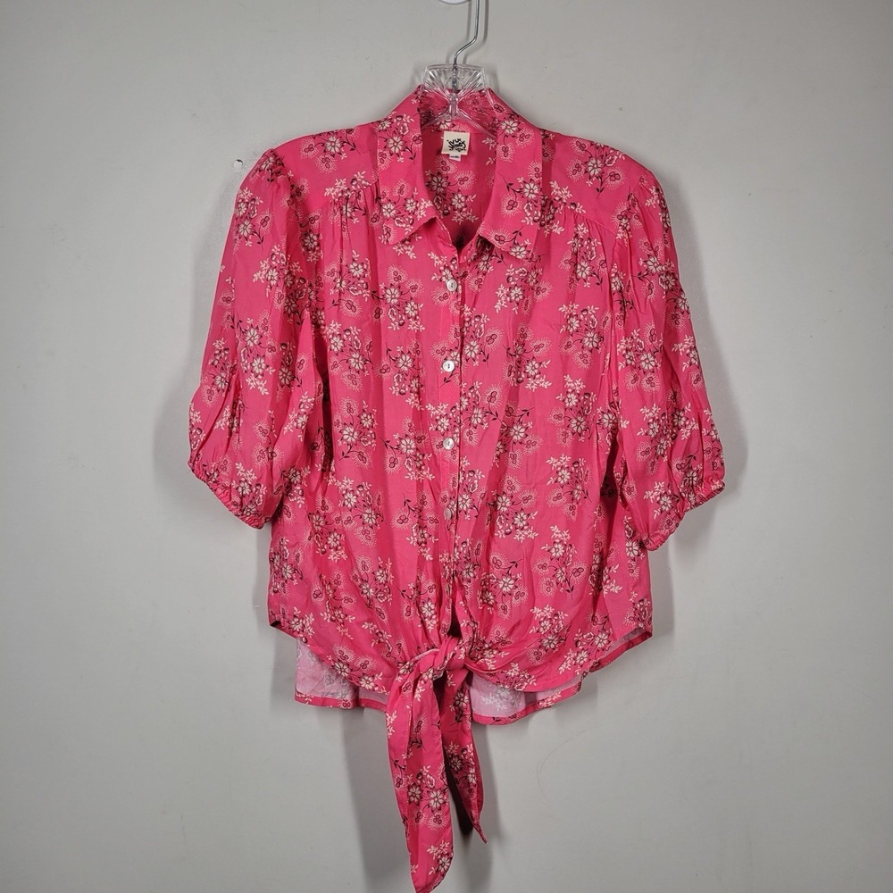 Ivy Jane Top Womens Sz XS Pink Floral Boxy Short Sleeve V-Neck Viscose Boho Tie